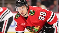 Connor Bedard #98 of the Chicago Blackhawks looks on against the Edmonton Oilers during the third period at the United Center on February 05, 2025 in Chicago, Illinois.