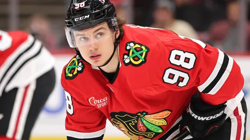 Connor Bedard #98 of the Chicago Blackhawks looks on against the Edmonton Oilers during the third period at the United Center on February 05, 2025 in Chicago, Illinois.