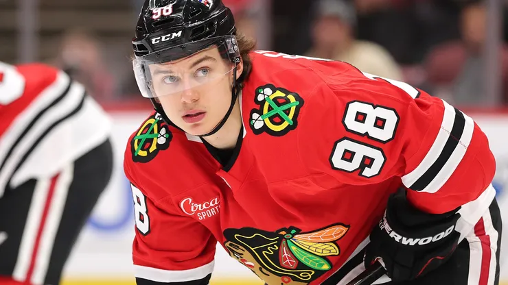 Connor Bedard #98 of the Chicago Blackhawks looks on against the Edmonton Oilers during the third period at the United Center on February 05, 2025 in Chicago, Illinois.