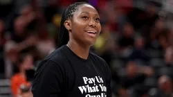 Aliyah Boston #7 of the Indiana Fever wears a shirt saying "Pay us what you owe us" prior to the 2025 AT&T WNBA All-Star Game at Gainbridge Fieldhouse on July 19, 2025.
