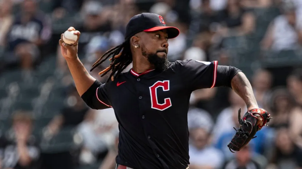 Emmanuel Clase #48 of the Cleveland Guardians delivers a pitch in the ninth inning against the Chicago White Sox at Rate Field on July 13, 2025 in Chicago, Illinois. (Photo by Griffin Quinn/Getty Images)