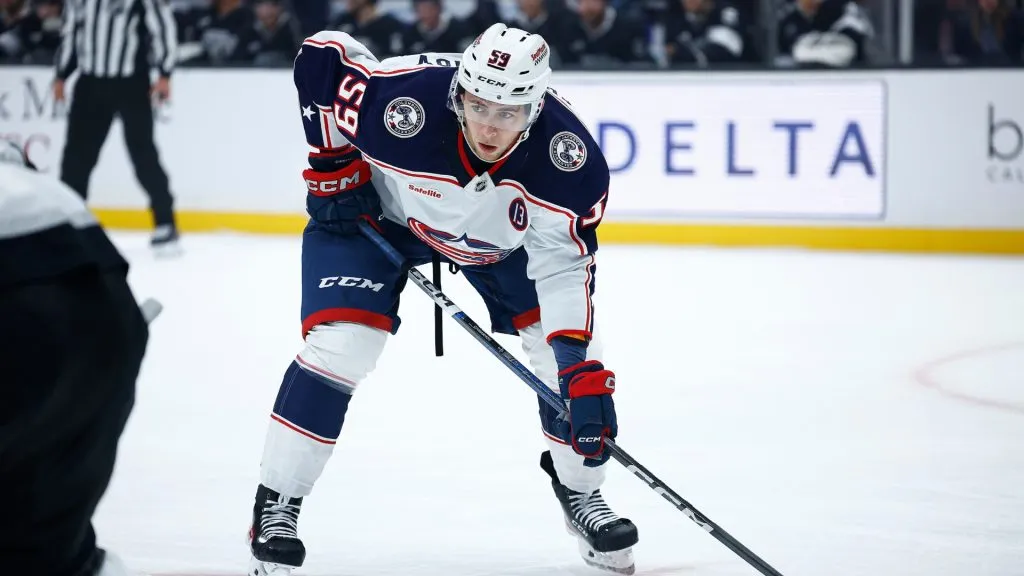 : Yegor Chinakhov #59 of the Columbus Blue Jackets at Crypto.com Arena on November 09, 2024 in Los Angeles, California. (Photo by Ronald Martinez/Getty Images)