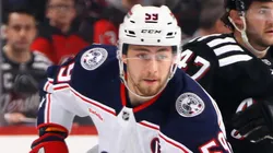 Yegor Chinakhov #59 of the Columbus Blue Jackets skates against the New Jersey Devils at Prudential Center on March 11, 2025 in Newark, New Jersey.