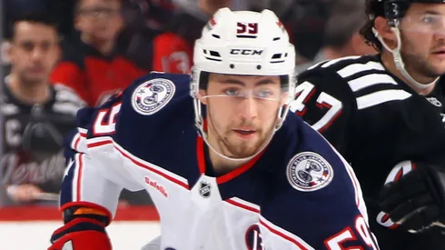 Yegor Chinakhov #59 of the Columbus Blue Jackets skates against the New Jersey Devils at Prudential Center on March 11, 2025 in Newark, New Jersey.