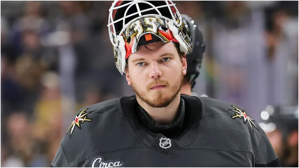 Ilya Samsonov #35 of the Vegas Golden Knights takes a break during a stop in play in the third period of a game against the Tampa Bay Lightning at T-Mobile Arena on March 23, 2025 in Las Vegas, Nevada.