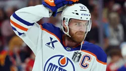 Connor McDavid #97 of the Edmonton Oilers warms up.