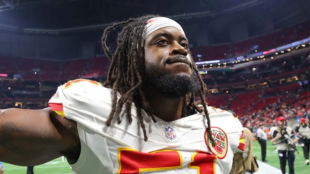 Mike Danna #51 of the Kansas City Chiefs celebrates after a win over the Atlanta Falcons at Mercedes-Benz Stadium on September 22, 2024 in Atlanta, Georgia.