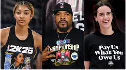 Angel Reese warms up prior to a game - Rapper Ice Cube attends the Monster Energy BIG3 Celebrity Basketball Game - Caitlin Clark wears a shirt saying "Pay us what you owe us" prior to the 2025 AT&T WNBA All-Star Game.