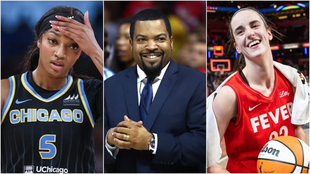 Angel Reese #5 of the Chicago Sky, Ice Cube in 2017 and Caitlin Clark #22 of the Indiana Fever. (Source: Michael Hickey/Getty Images — Al Bello/Getty Images — Michael Hickey/Getty Images)