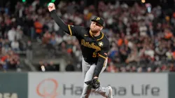 David Bednar #51 of the Pittsburgh Pirates pitches against the San Francisco Giants.
