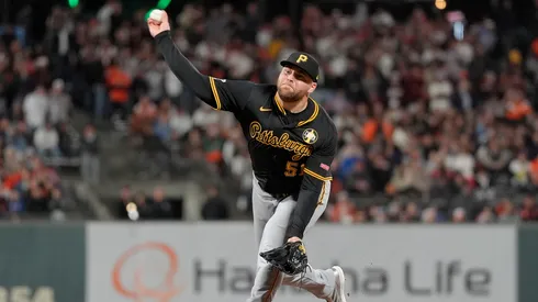 David Bednar #51 of the Pittsburgh Pirates pitches against the San Francisco Giants.