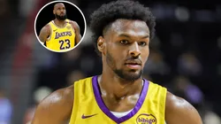 Bronny James #9 of the Los Angeles Lakers and LeBron James #23 of the Los Angeles Lakers.