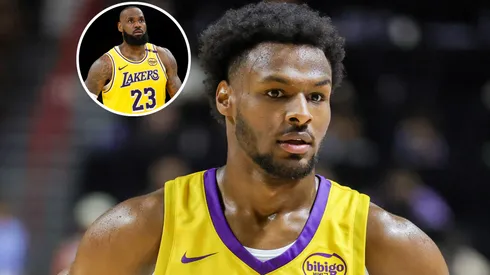 Bronny James #9 of the Los Angeles Lakers and LeBron James #23 of the Los Angeles Lakers.