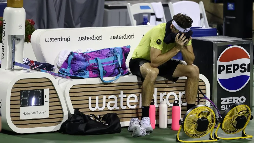 Taylor Fritz of the United States reacts on the bench between sets against Alejandro Davidovich Fokina of Spain during the Mubadala Citi DC Open 2025. (Scott Taetsch/Getty Images)