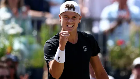 Holger Rune of Denmark celebrates a point against Christopher O'Connell of Australia during the 2025 HSBC Championships.