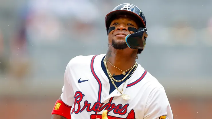 Ronald Acuña Jr. #13 of the Atlanta Braves rounds the bases following a solo home run during the ninth inning against the New York Yankees at Truist Park on July 20, 2025 in Atlanta, Georgia.