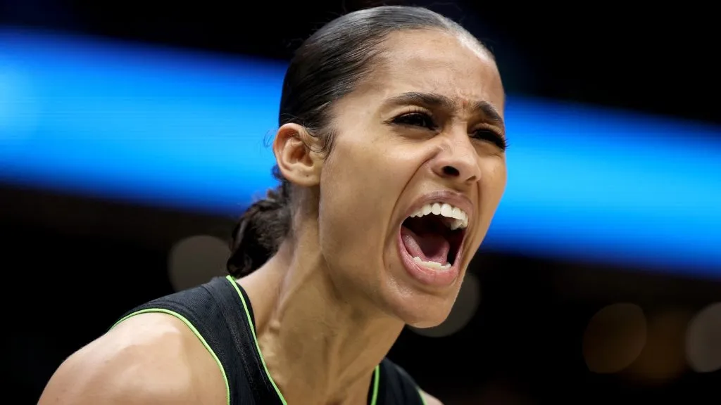 Skylar Diggins-Smith #4 of the Seattle Storm reacts during the first quarter against the Las Vegas Aces at Climate Pledge Arena on July 10, 2024. (Source: Steph Chambers/Getty Images)