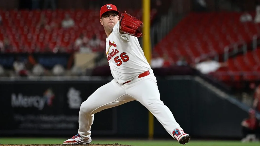 Ryan Helsley #56 of the St. Louis Cardinals pitches against the Washington Nationals in the ninth inning at Busch Stadium on July 8, 2025 in St Louis, Missouri. (Photo by Joe Puetz/Getty Images)