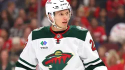 Marco Rossi #23 of the Minnesota Wild looks on against the Chicago Blackhawks during the first period of a preseason game at the United Center on October 04, 2024 in Chicago, Illinois.