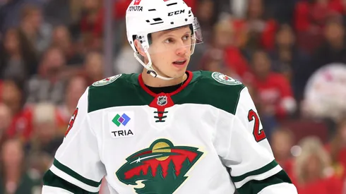 Marco Rossi #23 of the Minnesota Wild looks on against the Chicago Blackhawks during the first period of a preseason game at the United Center on October 04, 2024 in Chicago, Illinois.