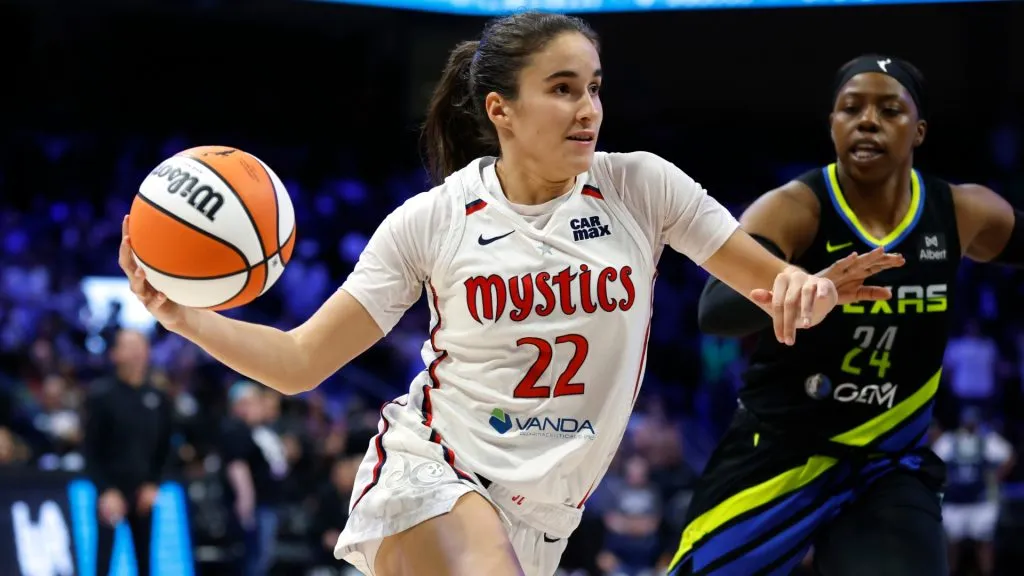 Sonia Citron #22 of the Washington Mystics handles the ball as Arike Ogunbowale #24 of the Dallas Wings defends during the second half at College Park Center on June 28, 2025. (Source: Ron Jenkins/Getty Images)