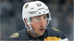 Brad Marchand #63 of the Boston Bruins gets set for a faceoff against the Toronto Maple Leafs during an NHL game at Scotiabank Arena on November 26, 2018 in Toronto, Ontario, Canada.