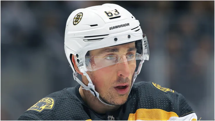 Brad Marchand #63 of the Boston Bruins gets set for a faceoff against the Toronto Maple Leafs during an NHL game at Scotiabank Arena on November 26, 2018 in Toronto, Ontario, Canada.