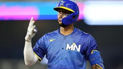 Carlos Correa #4 of the Minnesota Twins congratulates Brooks Lee #2 after Lee hit a two-run home run in the fifth inning against the Houston Astros at Daikin Park on June 14, 2025 in Houston, Texas.