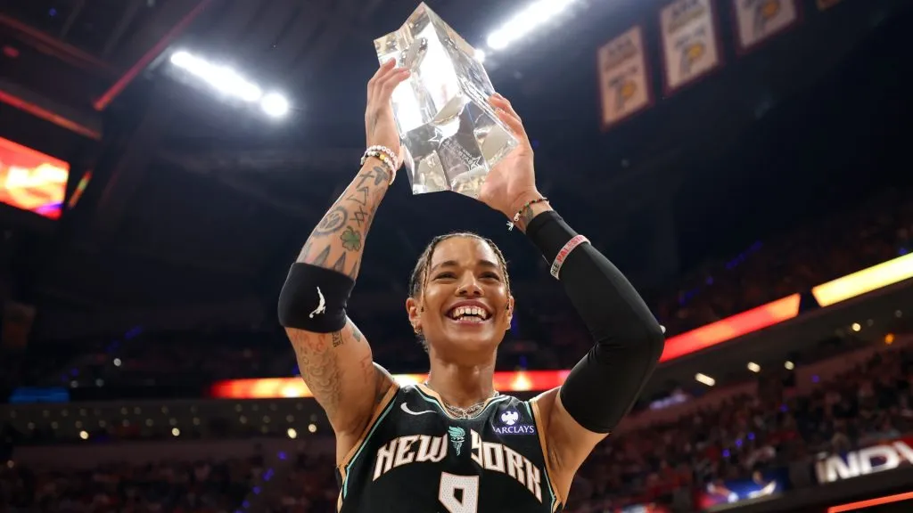Natasha Cloud #9 of the New York Liberty poses with her trophy after winning the Kia WNBA Skills Challenge during the 2025 AT&amp;T WNBA All-Star weekend on July 18, 2025. (Source: Steph Chambers/Getty Images)