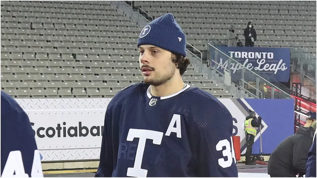 Auston Matthews #34 of the Toronto Maple Leafs heads to practice prior to playing against the Buffalo Sabres during the 2022 Tim Hortons NHL Heritage Classic at Tim Hortons Field on March 12, 2022 in Hamilton, Ontario, Canada.