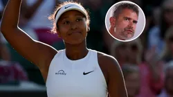 Naomi Osaka of Japan celebrates winning match point against Katerina Siniakova of Czechia during Wimbledon.