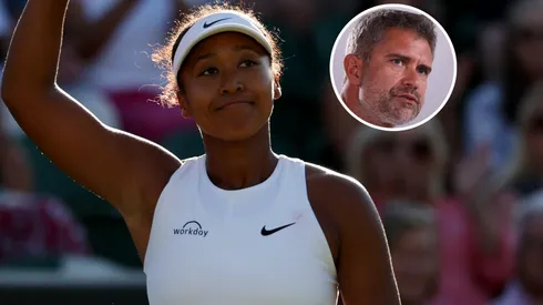 Naomi Osaka of Japan celebrates winning match point against Katerina Siniakova of Czechia during Wimbledon.