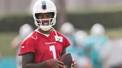 Tua Tagovailoa #1 of the Miami Dolphins practices at Baptist Health Training Complex on July 25, 2025 in Miami Gardens, Florida.