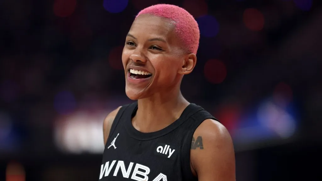 Courtney Williams #10 of the Minnesota Lynx reacts during the 2025 AT&amp;T WNBA All-Star Game at Gainbridge Fieldhouse on July 19, 2025. (Source: Steph Chambers/Getty Images)