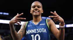 Courtney Williams #10 of the Minnesota Lynx celebrates her team's win against the Chicago Sky after the game at Target Center on July 6, 2025.