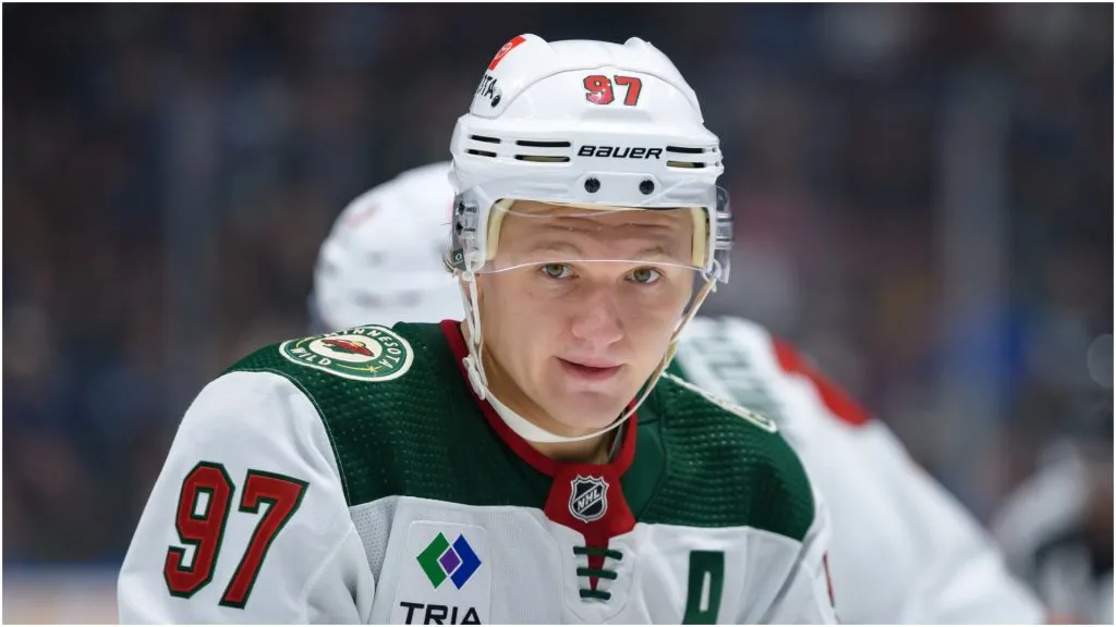 Kirill Kaprizov #97 of the Minnesota Wild waits for a face-off during the second period of their NHL game against the Vancouver Canucks at Rogers Arena on December 7, 2023 in Vancouver, British Columbia, Canada.