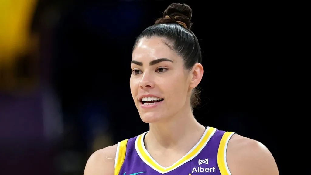 Kelsey Plum #10 of the Los Angeles Sparks after making a three-point shot against the Chicago Sky in the first half at Crypto.com Arena on May 25, 2025. (Source: Ronald Martinez/Getty Images)