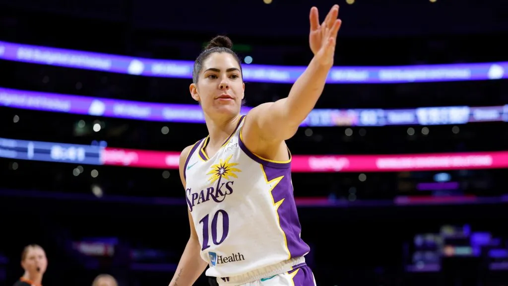Kelsey Plum #10 of the Los Angeles Sparks signals for possession during an 88-82 Atlanta Dream win at Crypto.com Arena on May 27, 2025. (Source: Harry How/Getty Images)