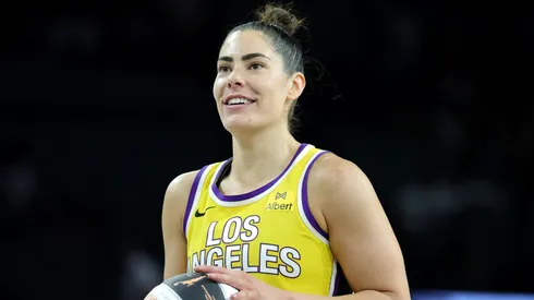 Kelsey Plum #10 of the Los Angeles Sparks shoots a free throw against the Las Vegas Aces in the fourth quarter of their game at Michelob ULTRA Arena on June 11, 2025.