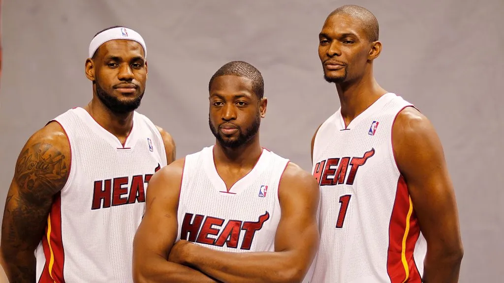 LeBron James #6, Dwyane Wade #3, and Chris Bosh #1 of the Miami Heat poses during media day at American Airlines Arena. (Mike Ehrmann/Getty Images)