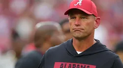 Head coach Kalen DeBoer of the Alabama Crimson Tide looks on during warmups prior to facing the Georgia Bulldogs at Bryant-Denny Stadium on September 28, 2024 in Tuscaloosa, Alabama.