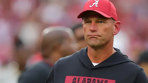 Head coach Kalen DeBoer of the Alabama Crimson Tide looks on during warmups prior to facing the Georgia Bulldogs at Bryant-Denny Stadium on September 28, 2024 in Tuscaloosa, Alabama.
