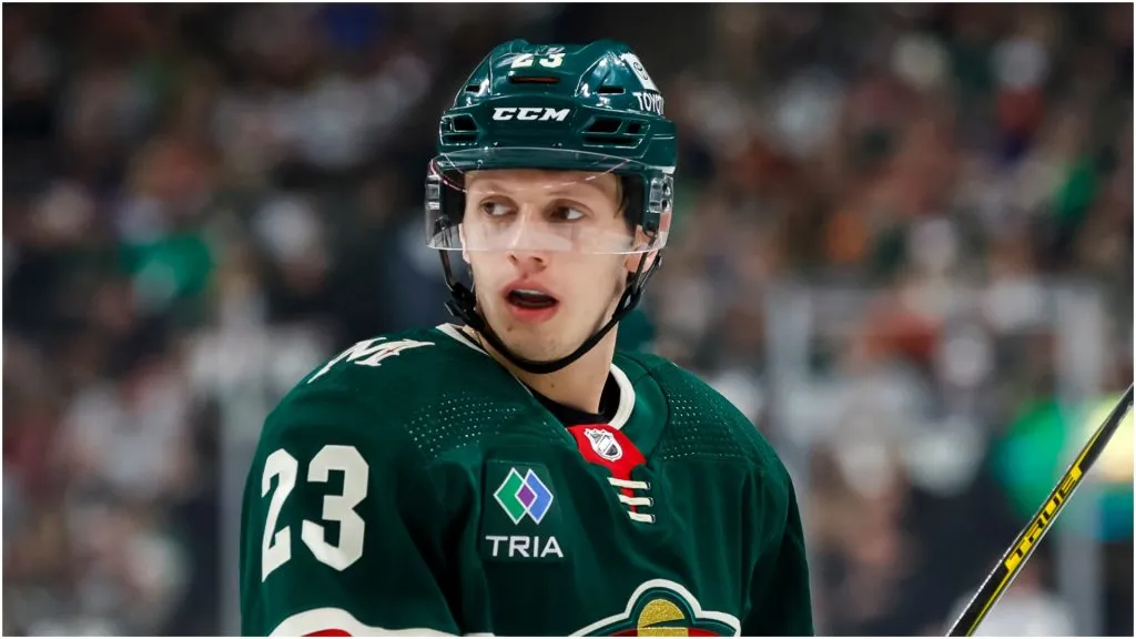 Marco Rossi #23 of the Minnesota Wild looks on against the New York Rangers in the first period of the game at Xcel Energy Center on October 13, 2022 in St Paul, Minnesota. 