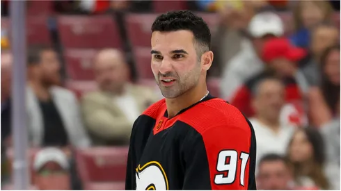 Nazem Kadri #91 of the Calgary Flames competes in the Honda NHL Accuracy Shooting during the 2023 NHL All-Star Skills Competition at FLA Live Arena on February 03, 2023 in Sunrise, Florida.