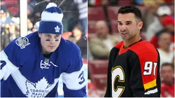 Auston Matthews #34 of the Toronto Maple Leafs and Nazem Kadri #91 of the Calgary Flames