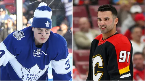Auston Matthews #34 of the Toronto Maple Leafs and Nazem Kadri #91 of the Calgary Flames