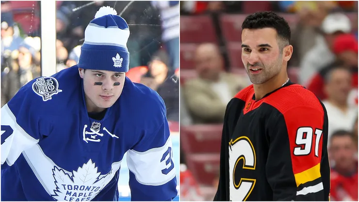 Auston Matthews #34 of the Toronto Maple Leafs and Nazem Kadri #91 of the Calgary Flames