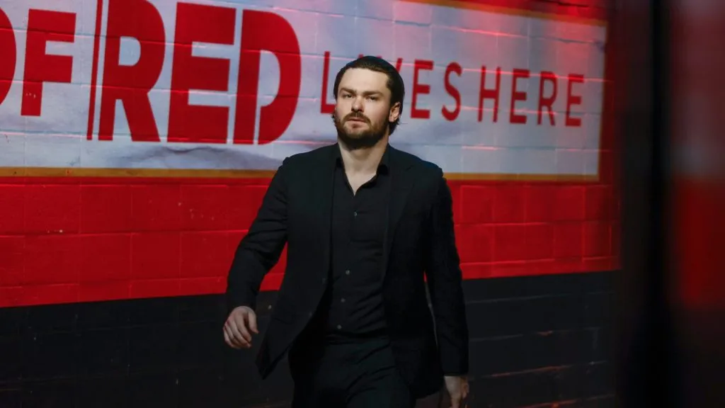 Rasmus Andersson #4 of the Calgary Flames walks into the Scotiabank Saddledome before a game against the Vancouver Canucks on March 12, 2025, in Calgary, Alberta, Canada,