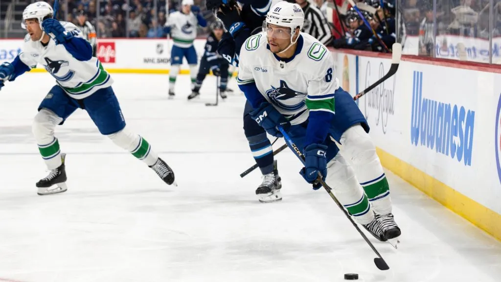 Dakota Joshua #81 with the Vancouver Canucks skates in the third period against the Winnipeg Jets at Canada Life Centre on March 30, 2025 in Winnipeg, Canada. (Photo by Cameron Bartlett/Getty Images)
