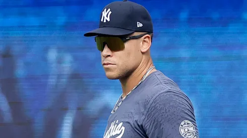 Aaron Judge #99 of the New York Yankees works out on the field before a game against the Tampa Bay Rays at Yankee Stadium on July 30, 2025 in New York City.
